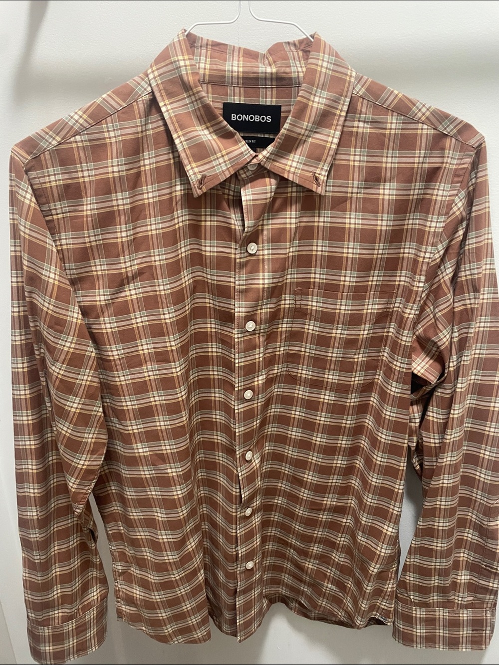 Bonobos Tan and Cream Plaid Button-Down Slim Fit Shirt, size medium.